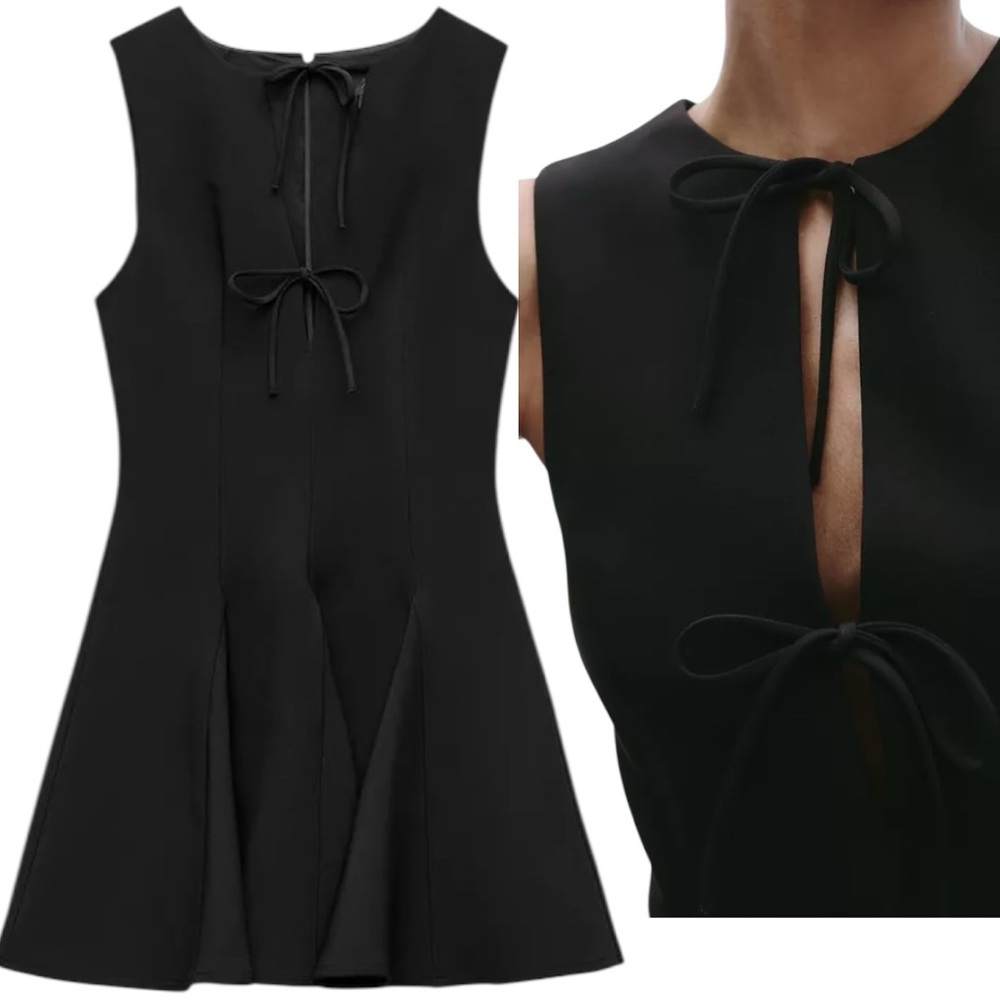Zara Black Sleeveless Fit and Flare Mini Dress with Bow front